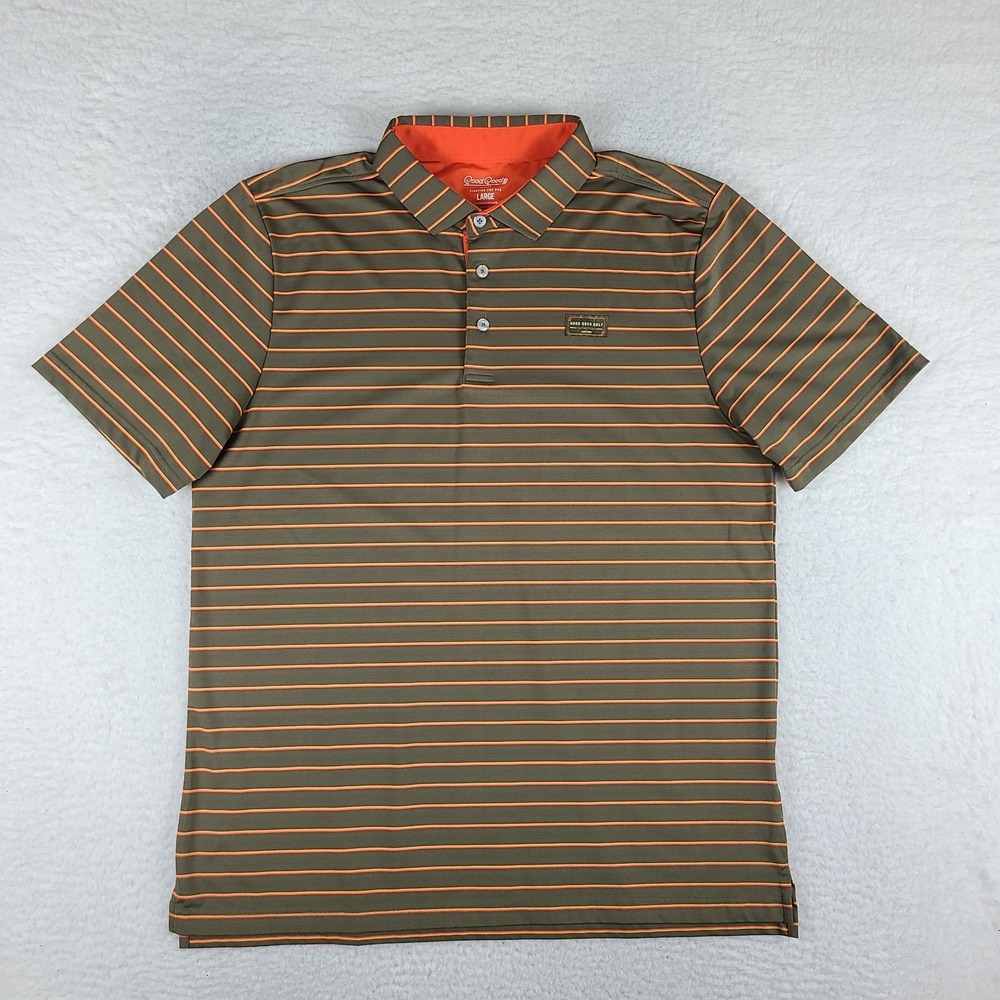 Good Good Polo Shirt Mens Large‎ Brown Orange Striped Performance Tech Golf